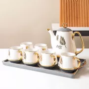 Bộ ấm trà sứ xương cao cấp vẽ vàng họa tiết lông vũ