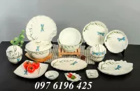 Bộ bát đĩa men kem vẽ trúc chuồn