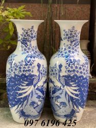 Lọ lộc bình  công đào  men lam hàng kỹ  cao 50cm