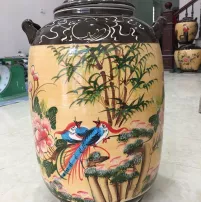 vò rượu, hũ gạo dáng bí  vẽ chim trĩ hoa phù dung