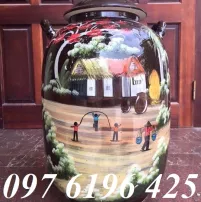 Hũ gạo dáng bí men nâu vẽ đồng quê