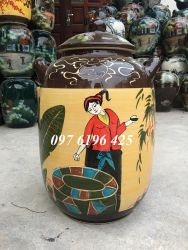 Hũ gạo dáng bí vẽ cô tấm men màu 10kg