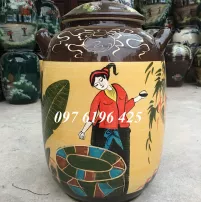 Hũ gạo dáng bí vẽ cô tấm men màu 10kg