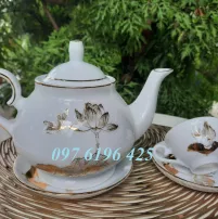 Bộ ấm trà thiên kim sứ xương vẽ sen chuồn vàng kim