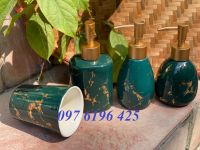 Bộ bình xịt sứ đựng dầu gội sữa tắm màu xanh lục bảo vân vàng kim