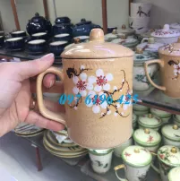 Ly sứ quai vuông có nắp men sáo  vẽ hoa đào