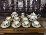 Bộ ấm chén Bát Tràng vẽ hoa rơi kèm phụ kiện