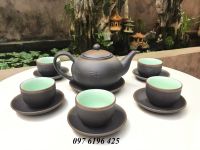Ấm chén tử sa  phúc lộc thọ men xám lòng xanh chỉ bạc