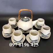 Bộ ấm trà quai mây men mát vẽ sen  gốm sứ Bát Tràng