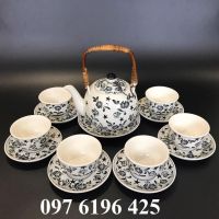 Bộ ấm trà quai mây vẽ hoa cúc dây men mát gốm sứ Bát Tràng