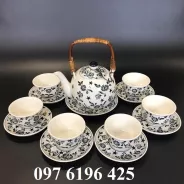 Bộ ấm trà quai mây vẽ hoa cúc dây men mát gốm sứ Bát Tràng