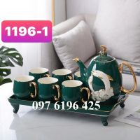 Bộ ấm trà sứ xương cao cấp hình cá heo viền vàng  màu xanh cổ vịt