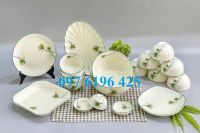 Bộ bát đĩa men kem viền chỉ xanh vẽ sen chuồn