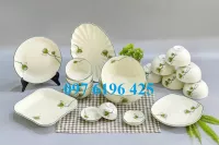 Bộ bát đĩa men kem viền chỉ xanh vẽ sen chuồn
