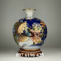 Bình hút tài lộc  vẽ chim công hoa phù dung băng nền xanh