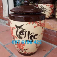 Hũ gạo tài lộc vẽ đào gốm sứ Bát Tràng 10kg