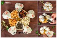 Hũ mứt 5 ngăn hình tim men kem, hoa đào đỏ