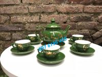 Bộ ấm trà phú quý men xanh viền vàng kim phúc lộc thọ