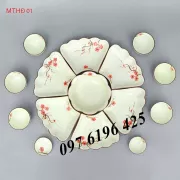 Bộ bát đĩa hoa mặt trời men kem viền nâu vẽ hoa đào đỏ