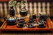 Bộ ấm pha trà gốm Bát Tràng men hỏa biến dáng rùa màu đen