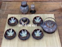 Bộ ấm chén Bát Tràng men hỏa biến hoa trong lòng chén màu tím hồng