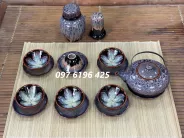 Bộ ấm chén Bát Tràng men hỏa biến hoa trong lòng chén màu tím hồng