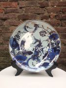 Tranh đĩa sứ vẽ lý ngư vọng nguyệt vẽ vàng kim 24k đường kính 35cm