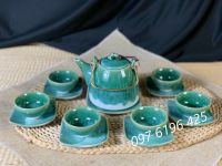 Bộ ấm trà men hỏa biến xanh quai đồng