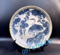 đĩa cảnh men rạn  bọc đồng vẽ tùng hạc gốm sứ Bát Tràng
