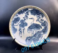 đĩa cảnh men rạn  bọc đồng vẽ tùng hạc gốm sứ Bát Tràng