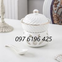 Bếp hâm nóng thức ăn bằng sứ hình tròn gân xoáy viền vàng kim