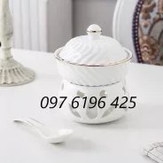 Bếp hâm nóng thức ăn bằng sứ hình tròn gân xoáy viền vàng kim
