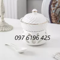 Bếp hâm nóng thức ăn bằng sứ hình tròn gân xoáy viền vàng kim