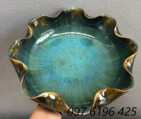 Bát thả hoa men hỏa biến màu xanh ngọc miệng lượn gốm sứ Bát Tràng