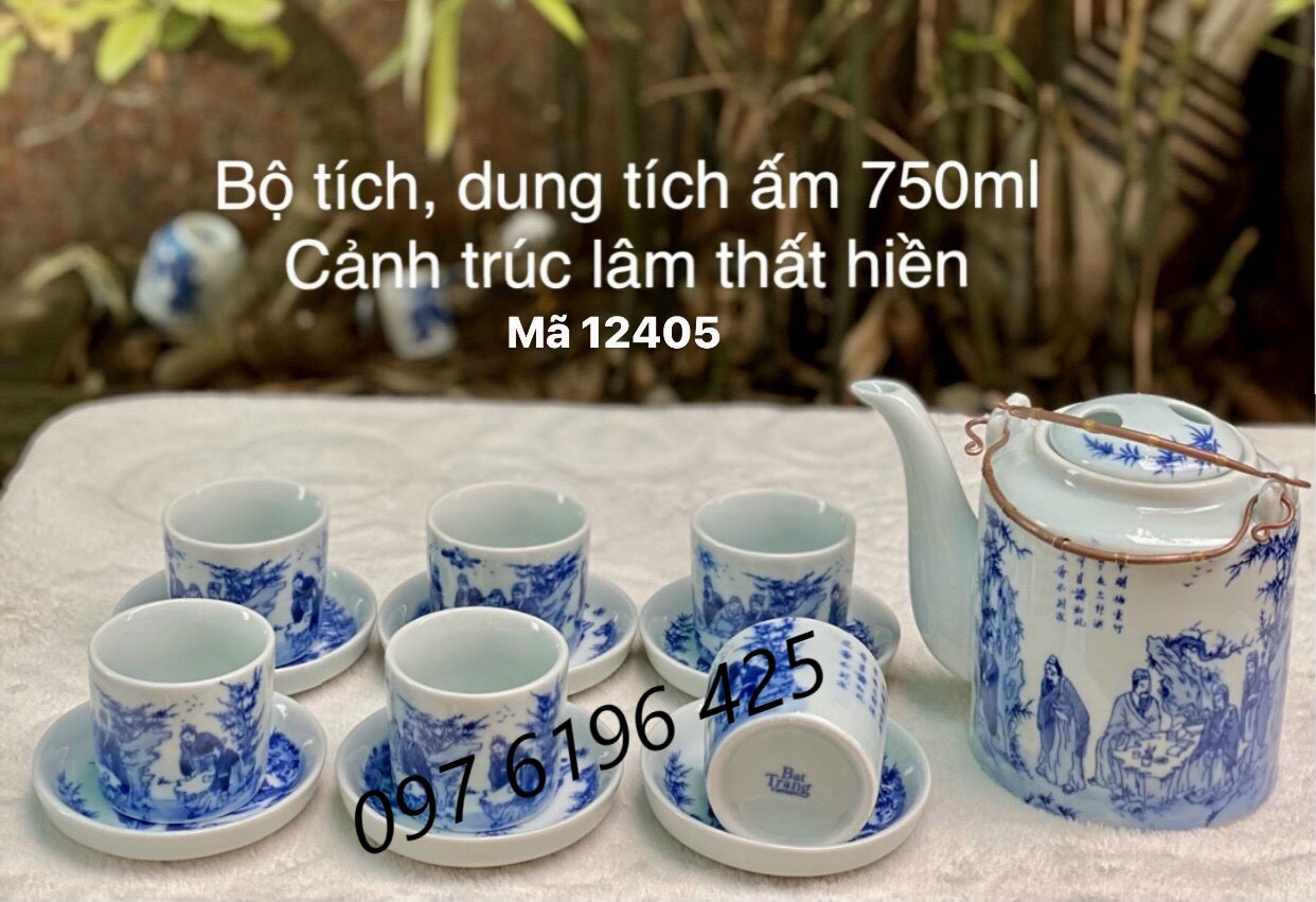 Bộ ấm tích men lam vẽ trúc lâm thất hiền gốm sứ Bát tràng