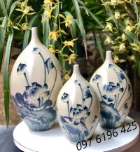 Bộ lọ hoa trang trí bằng gốm men rạn vẽ hoa sen