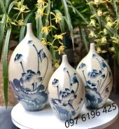 Bộ lọ hoa trang trí bằng gốm men rạn vẽ hoa sen