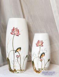 Lọ hoa gốm sứ Bát Tràng dáng bom men trắng vẽ sen