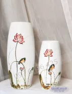 Lọ hoa gốm sứ Bát Tràng dáng bom men trắng vẽ sen