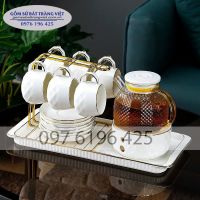 Bộ trà viền vàng men trắng vân trám kèm bếp hâm nóng