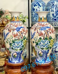 Lọ hoa sứ men lam  dáng đùi dế hỷ tước đón xuân cao 60 cm hàng vẽ kỹ