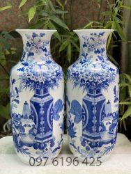Lộc bình men lam dáng vai vuông vẽ cổ đồ sinh phú quý cao 50cm
