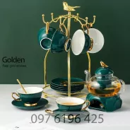 Bộ ấm trà men xanh viền vàng kèm bếp hâm nóng và giá treo