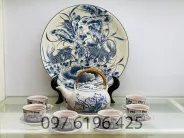 Bộ ấm chén men rạn dáng quả hồng quai mây vẽ hoa sen