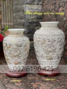 Lọ hoa khắc nổi hoa phù dung vẽ vàng gốm sứ Bát Tràng