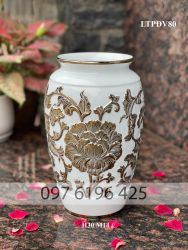 Lọ hoa sứ trắng dát vàng họa tiết hoa phù dung