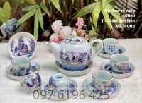 Bộ ấm chén men lam giả cổ trúc lâm thất hiền vẽ vàng dáng chóp lửa