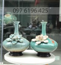 Bình hút tài lộc vuốt tay đắp hoa sen men hỏa biến xanh
