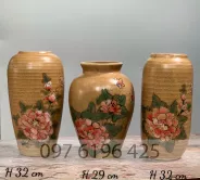 Lọ hoa gốm sứ Bát Tràng men nâu hoa mẫu đơn