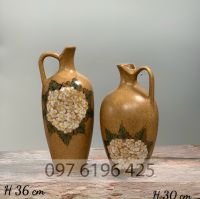 Lọ hoa gốm sứ Bát Tràng dáng bình sữa men nâu vẽ hoa cẩm tú cầu